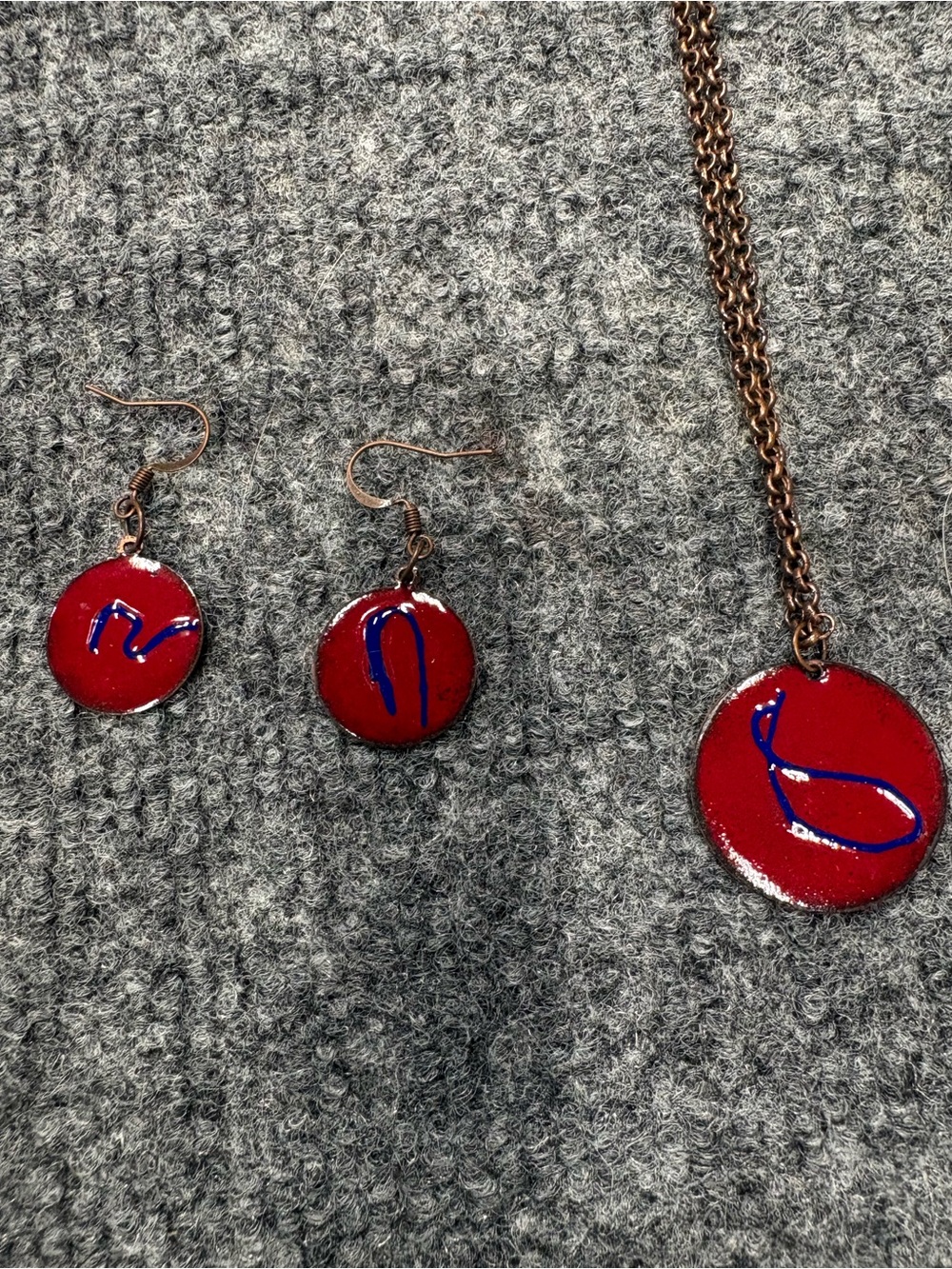 Hand Crafted Red Enamel Disc Earrings and Necklace Red with Blue Detail